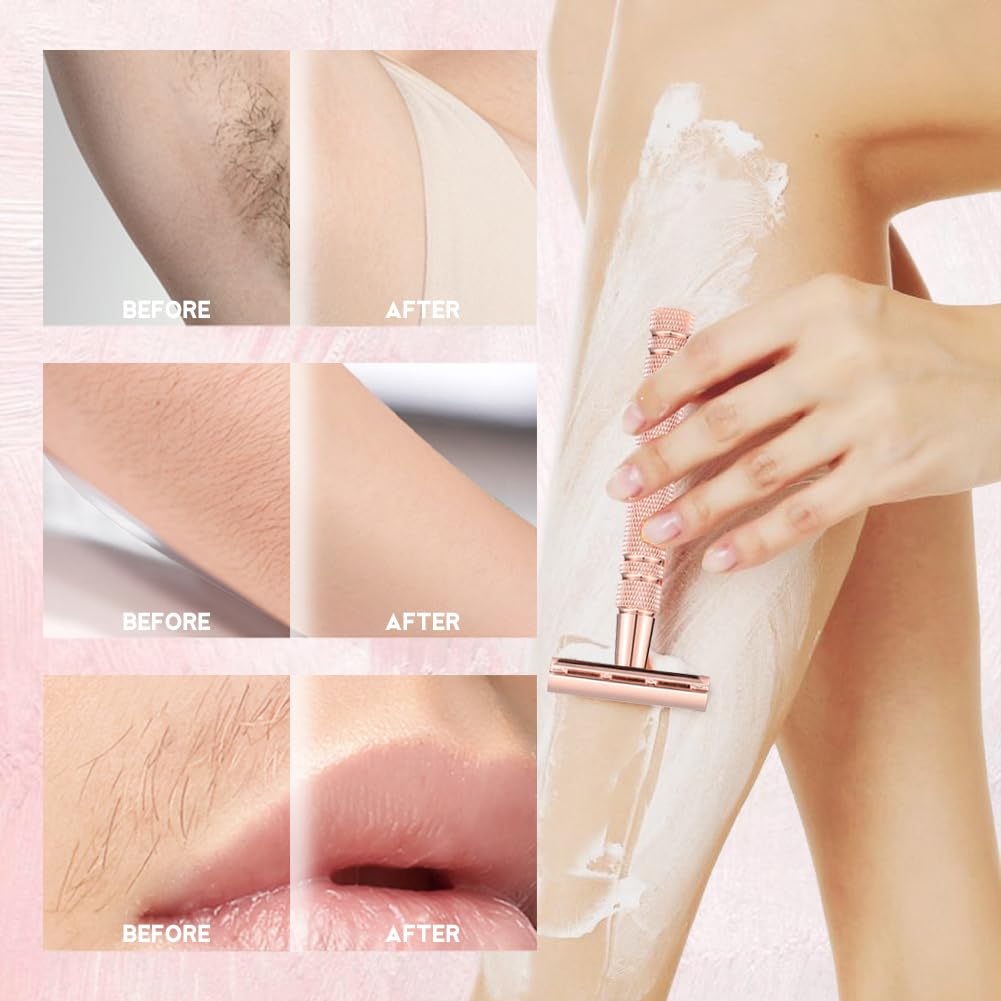 Safety Razor for Women, Double Edge Safety Razor Blades, Reusable Smooth Shave, Painless Hair Removal, Metal Shave Women for Leg Arm Underarm Bikini (Silver)