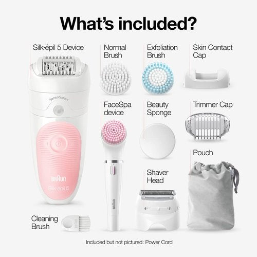 Braun SE5-895 Epilator - Waterproof Hair Removal Device for Women with Shaver & Exfoliator Attachments