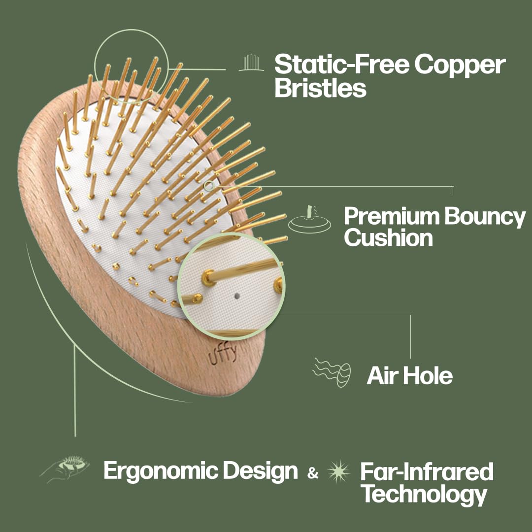 Uffy Acubrusher - 24K Gold-Plated Gua Sha Hair Brush | Ergonomic Scalp Massager for Hair Growth & Dandruff - Beech Wood Design