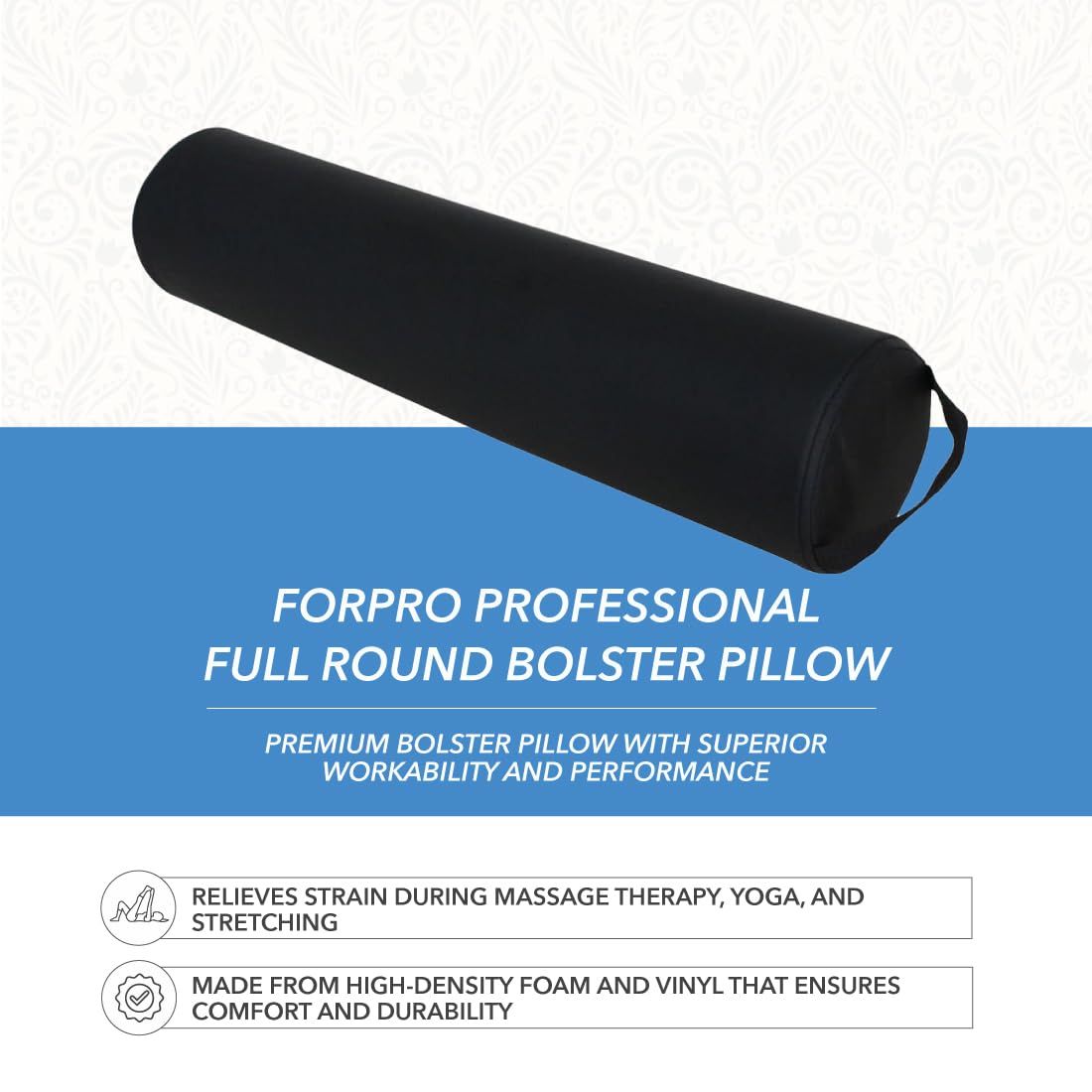 ForPro Full Round Bolster Pillow - Black, Oil & Stain-Resistant | Ideal for Massage & Yoga, 6” R x 26” L