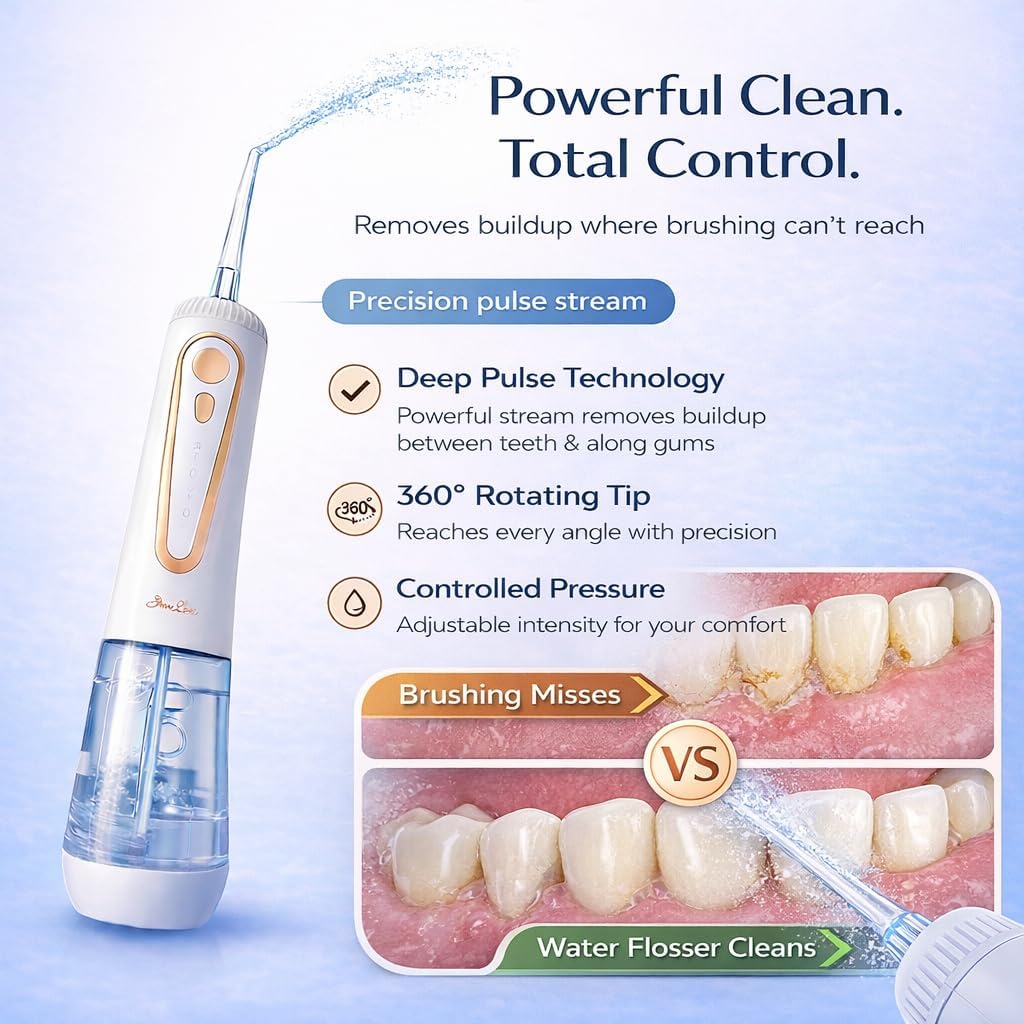 SparkLux Cordless Water Flosser - Portable Oral Irrigator with 5 Pressure Modes, 340ml Tank, USB-C Rechargeable, Waterproof | Ideal for Braces & Gum Care (White/Rose Gold)