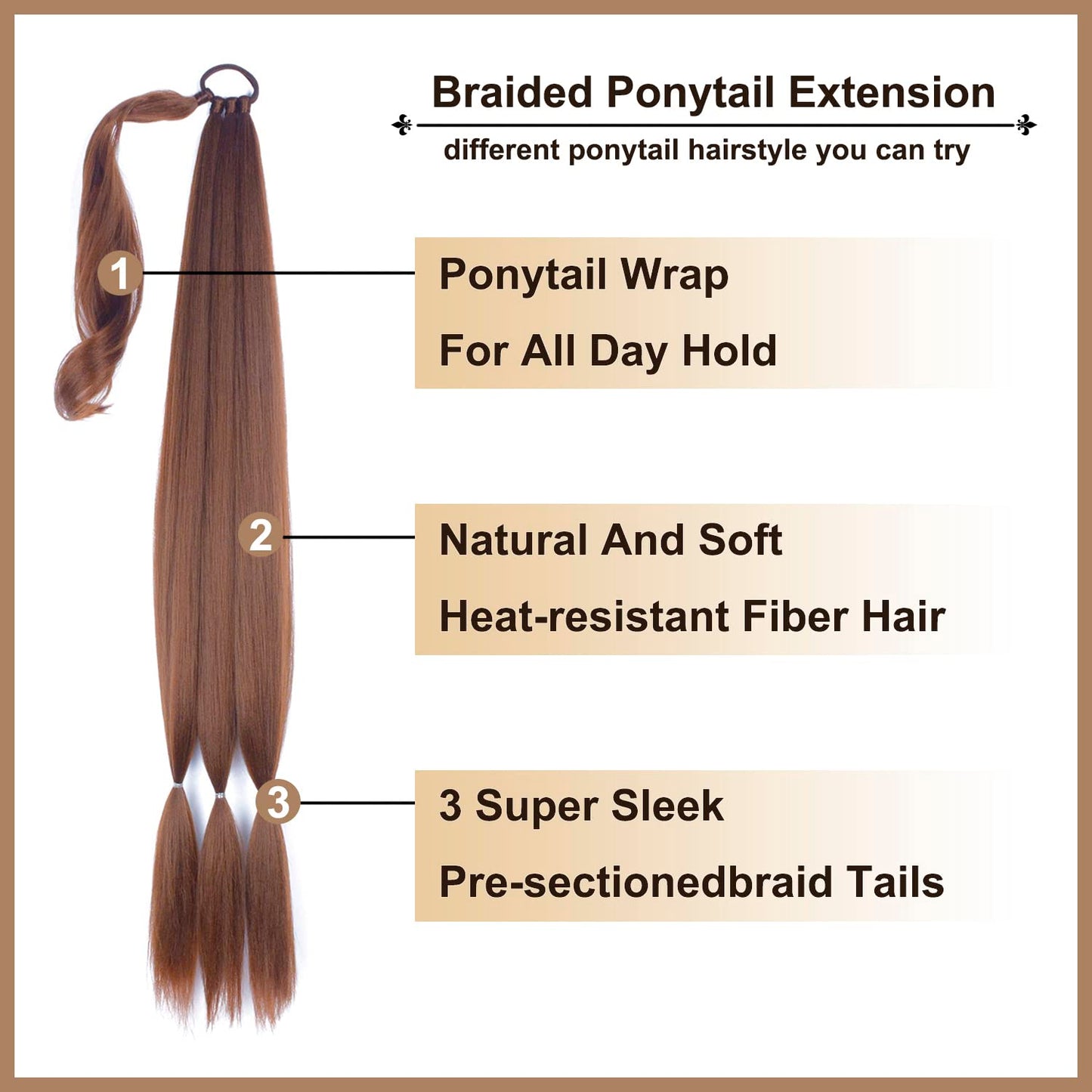 34inch Long Braided Ponytail Extension with Hair Tie Brown Straight Wrap Around Hair Braid Extensions for Women Synthetic High Temperature Fluffy Natural Soft Hair Piece for Women (6#)