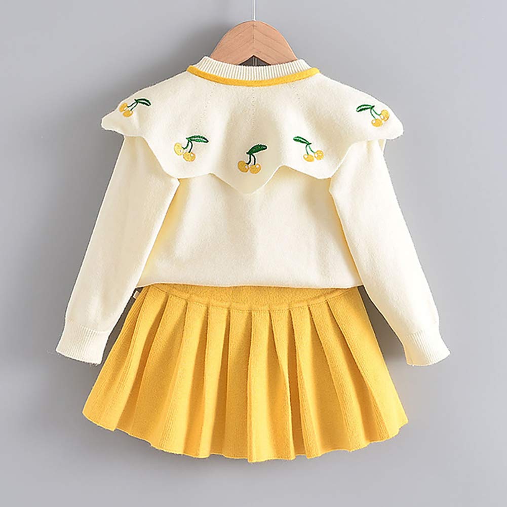 Toddler Baby Girls Autumn Winter Clothes Knitted Button up Long Sleeve Ruffle Bowknot Sweater Tops+Pleated Mini Tutu Skirt 2pcs Outfit Princess Dress up Costume for Kids Yellow-Cherry 4-5 Years