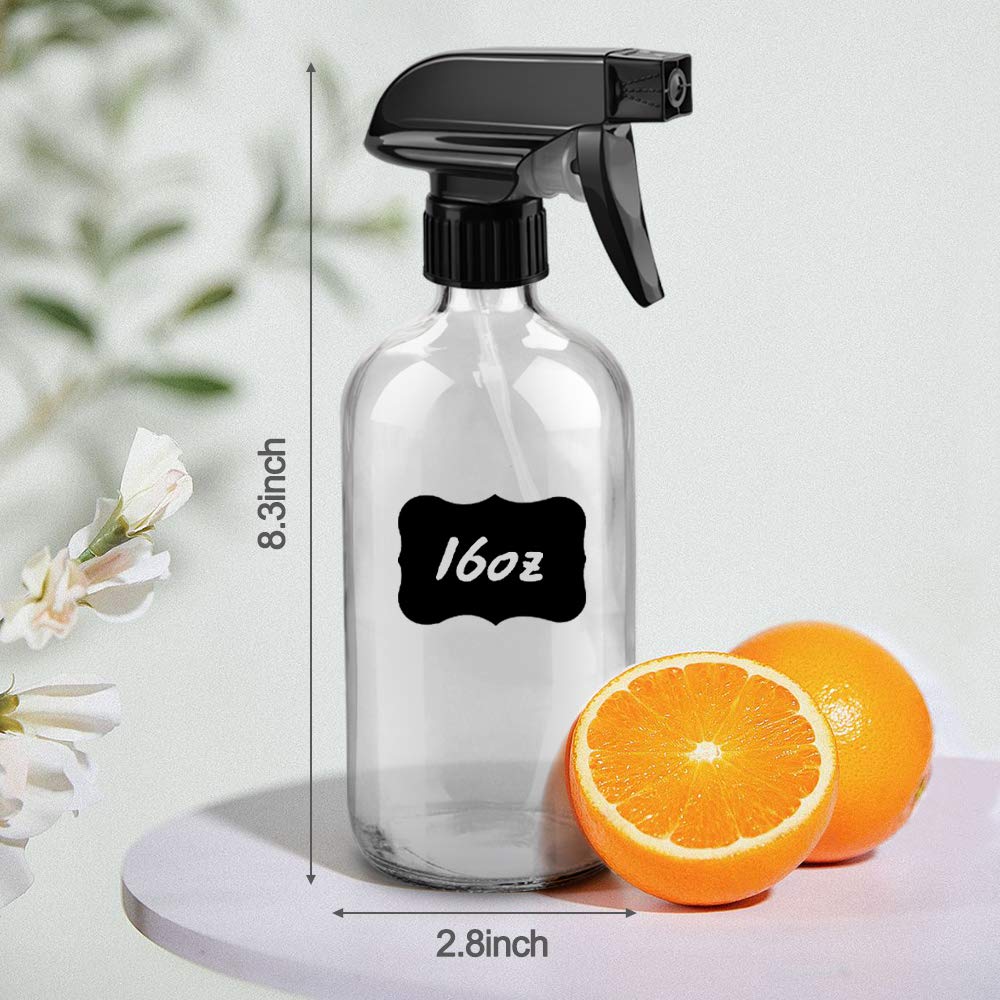 Worldgsb Glass Spray Bottles - 16oz Refillable Boston Round Containers with Adjustable Nozzle & Labels - Clear