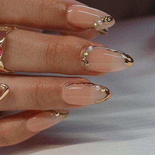 CTTHNBD Press on Nails Almond - French Tip Fake Nails with Gold Line Design - Medium Fasle Nails Press ons - for Women 24 Pcs