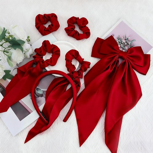 Aushamtai 6Pcs Red Satin Hair Accessories Set for Women: Bows, Hair Scrunchies and Headband with Versatile Styles, Perfect for Daily Wear, Birthday Gifts for Women(Satin Material)