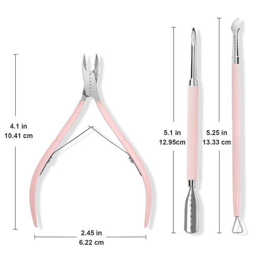 Makartt Cuticle Trimmer with Cuticle Pusher, 3 PCS Pink Nail Cuticle Nipper Professional Pedicure Manicure Tools with Stainless Steel Dual End Pusher, Nail Scraper
