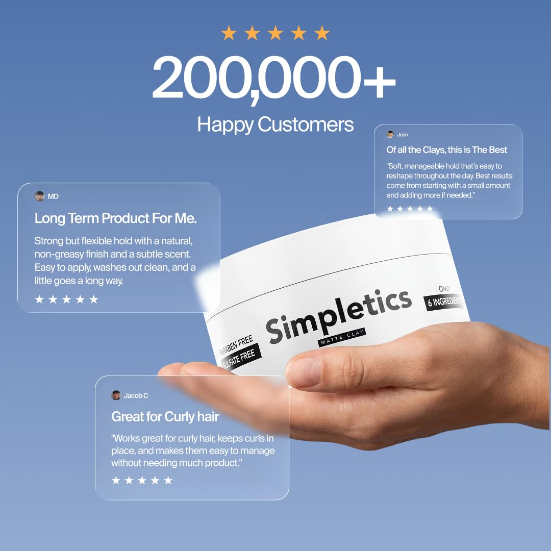 Simpletics Hair Clay for Men (Vanilla Scent) – Natural 6 Ingredient Matte Styling Clay with Beeswax & Coconut Oil – Strong Hold, Water Based, Non-Greasy – Adds Texture & Volume – 2oz