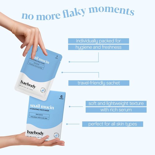 Baebody Snail Mucin Mask - Hydrating Face Sheet Masks with Hyaluronic Acid | 6-Pack for Youthful Skin