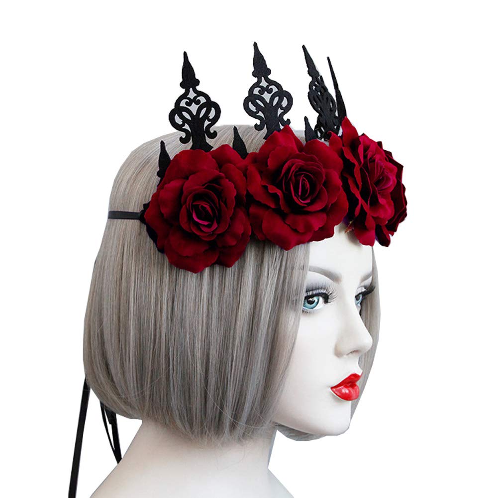 Love Sweety Halloween Vintage Crown Rose Headband Gothic Floral Headpiece (A Red)