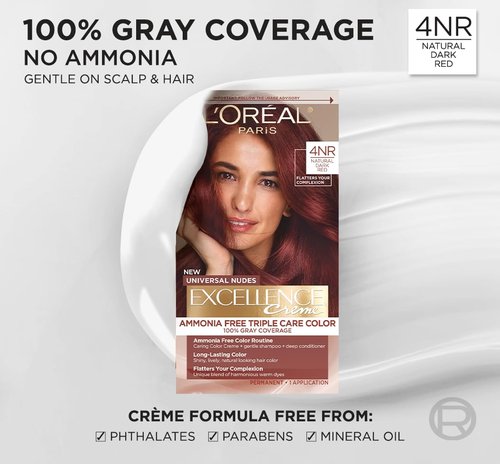 L’Oreal Paris Hair Color - Excellence Universal Nudes, Ammonia-Free Gray Coverage, 4NR Natural Dark Red