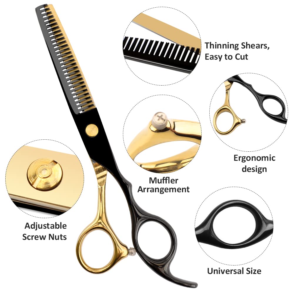 Professional Black Gold Hairdressing Teeth Scissors Stainless Steel Barber Hair Cutting Sets Salon Multifunctional Thinning Straight Shears Tools for Mother Father's Gift