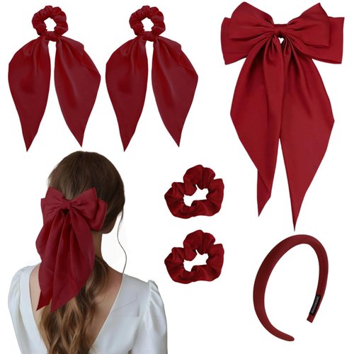 Aushamtai 6Pcs Red Satin Hair Accessories Set for Women: Bows, Hair Scrunchies and Headband with Versatile Styles, Perfect for Daily Wear, Birthday Gifts for Women(Satin Material)