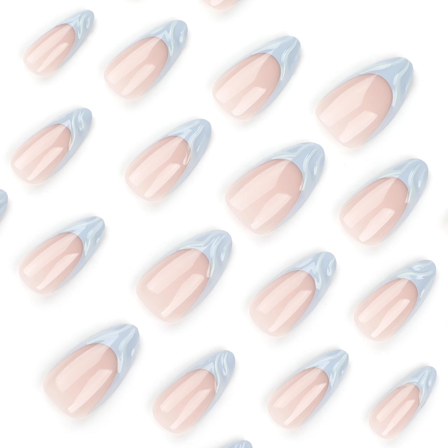 COCDLAN Press on Nails Medium Blue Fake Nails Almond Glossy 3D False Nails Tips Acrylic Glossy Glue on Nails Cute Nail Art Decorations for Women 24Pcs