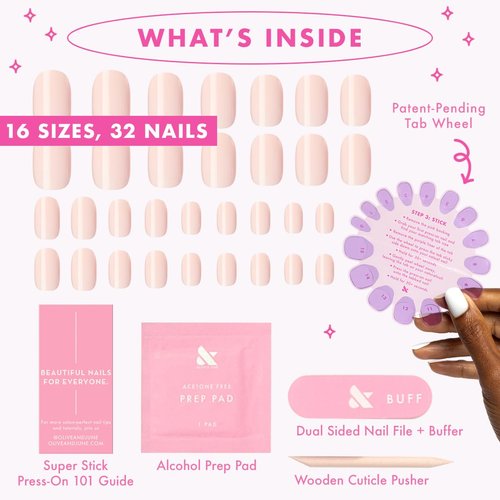Olive & June Classic Super Stick Mani Press On Nails | No Glue Needed | 32 Tab Nails 16 Sizes | Non-Toxic Tabs Non-Damaging 7-Day Wear | Spring Flowers & Patterns | Short, Squoval | Tutu Pastel Pink