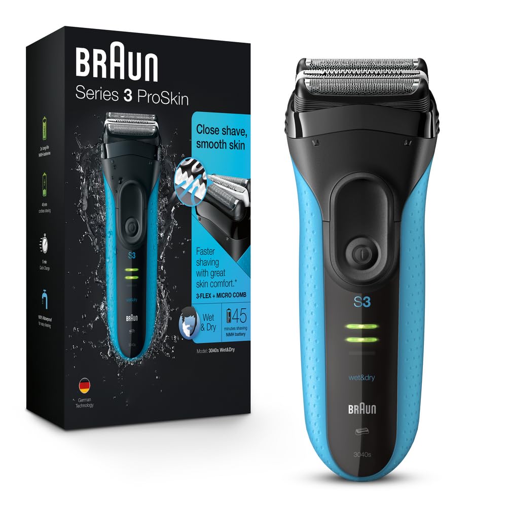 Braun Electric Series 3 Razor - Rechargeable Wet & Dry Foil Shaver with Precision Trimmer | Blue/Black, 4 Piece