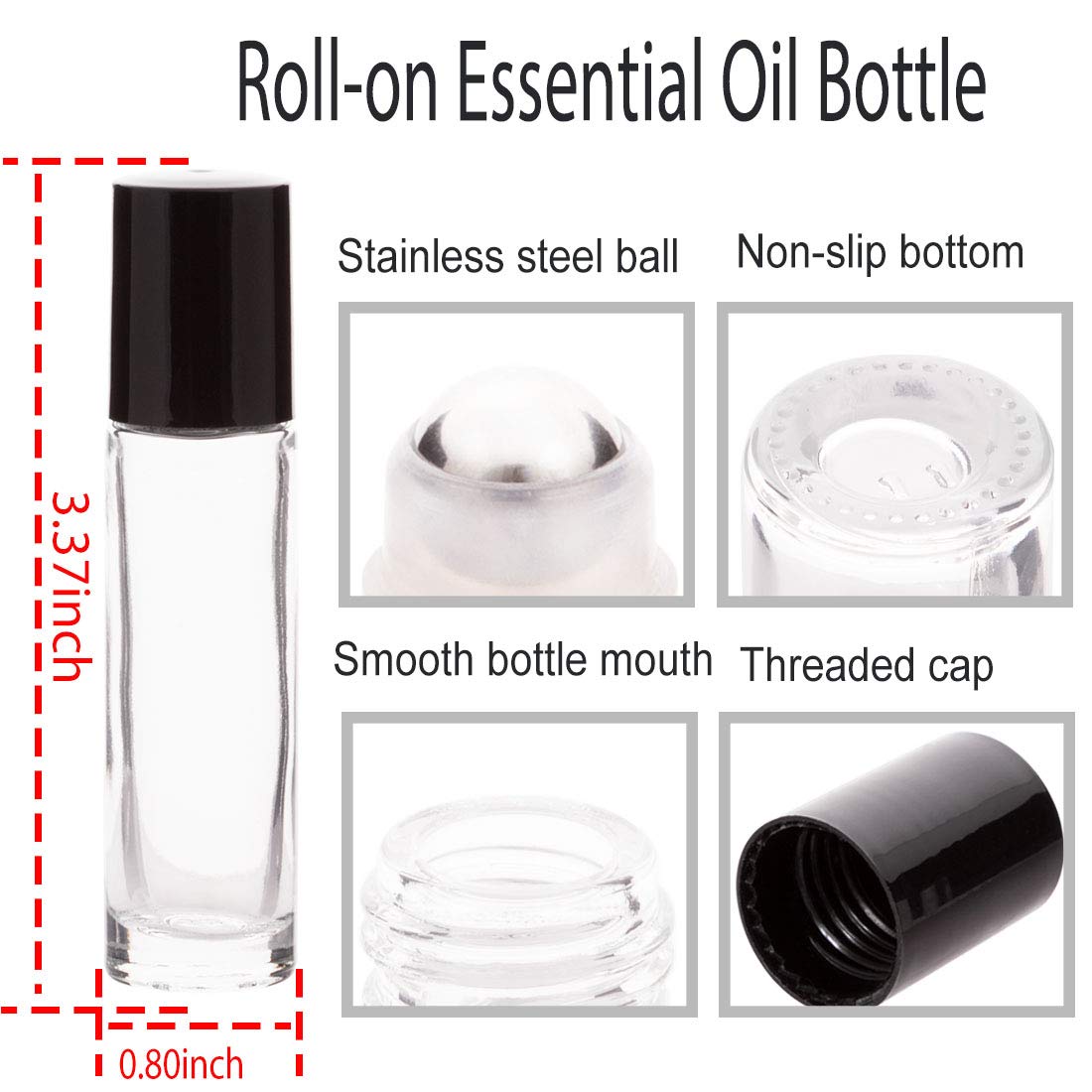 ZIZEMOJA 6Pcs 10ml Essential Oil Roller Bottles, with Stainless Steel Roller Balls, 10ml Clear Glass Roll on Bottles for Essential Oils, 1 Extra Roller Ball, 6 Labels, 1 Openers, 2 Droppers Included
