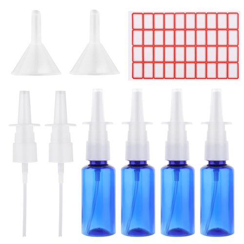 Nasal Spray Bottle 4Pcs 1oz (30ml) Plastics Bottles with Press Spray Head Refillable Portable Empty Nasal Sprayer Bottle with Funnels and Labels (Blue)