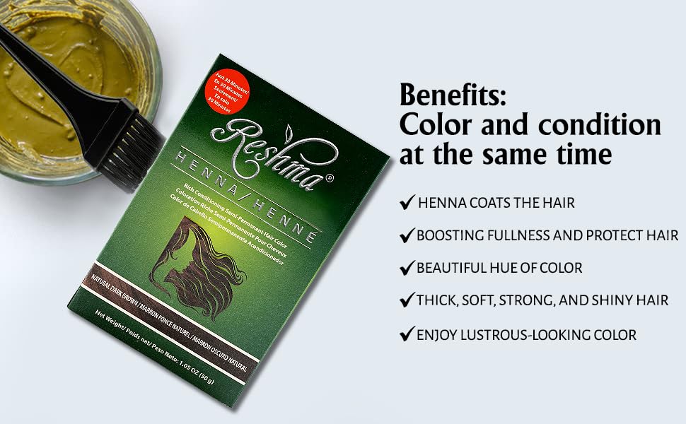 Reshma Beauty 30 Minute Henna Hair Color Infused with Natural Herbs For Soft Shiny Hair Henna Hair Color/Dye 100% Gray Coverage Semi-Permanent Ayurveda Hair Product 1.05 oz, Pack of 1 (Dark Brown)