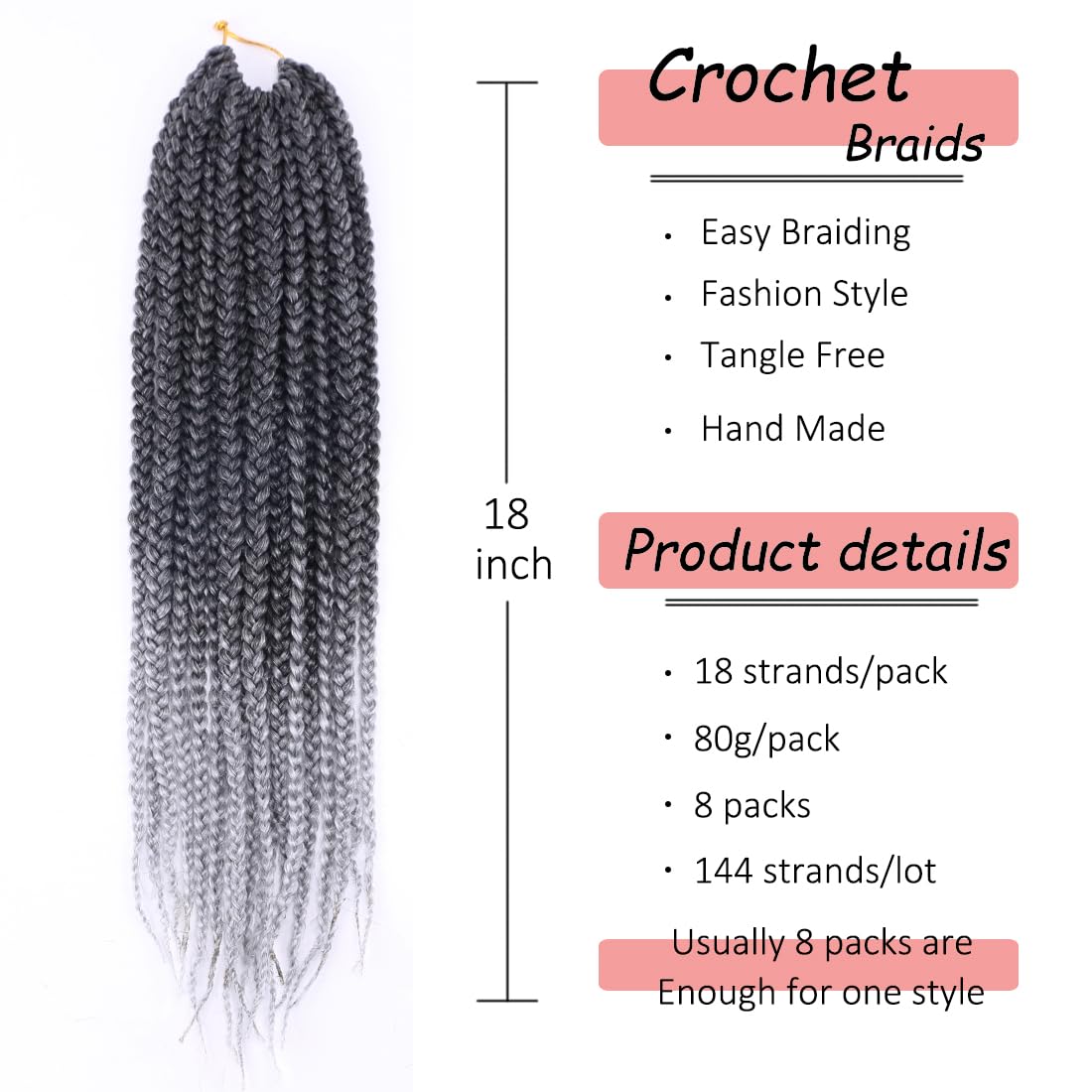 8 Packs Goddess Crochet Braids Pre looped Box Braid Crochet Hair for Black Women 18 Inch Silver Gray 3x Knotless Crochet Box Braids Straight Braiding Hair(Tgrey#)