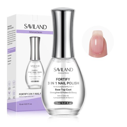 SAVILAND 3-in-1 Nail Strengthener & Top Coat - Quick Air Dry Clear Polish, 15ml for Damaged Nails