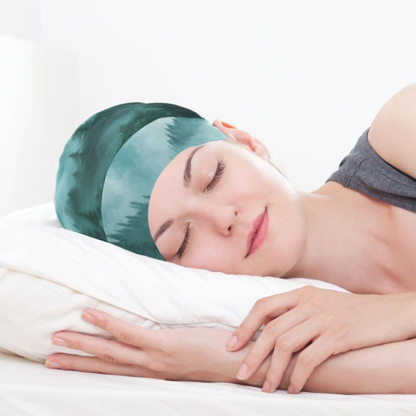 ElliTarr Beanie Hat Satin Bonnet Lined Sleep Cap Hair Wrap Cover Slouchy Beanie for Curly Hair Protection for Gifts for Men Women Foggy Green Mountains and Pine Trees