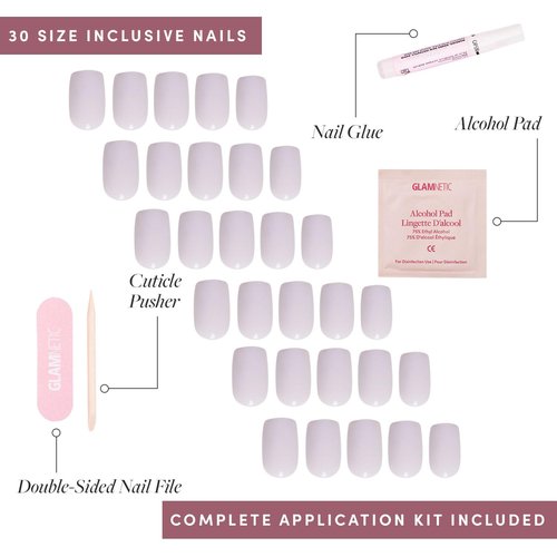 Glamnetic Press On Nails - Lilac Gray | Opaque Pale Light Lilac Gray Short Squoval Fake Nails, Salon Quality | 15 Sizes - 30 Nail Kit with Glue