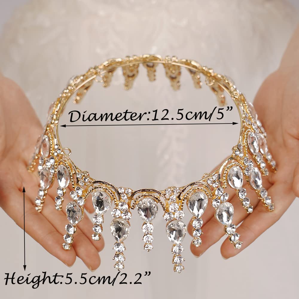 JWICOS Gold Tiaras and Crowns for Women Round Crystal Queen Crowns for Women Princess Tiara with Rhinestone for Girls Wedding Crown for Prom Bridal Party Christmas Gifts (Gold)