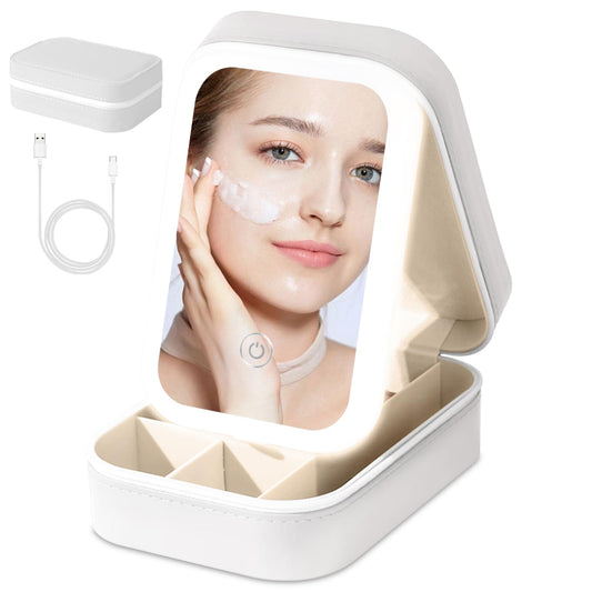 voioe Travel Portable LED Makeup Bag with Adjustable Light-Up Mirror, 3 Color Light Settings, Dust-Proof Cosmetic Case, Jewelry Organizer and Multi-Compartment Storage Box for Women (White)