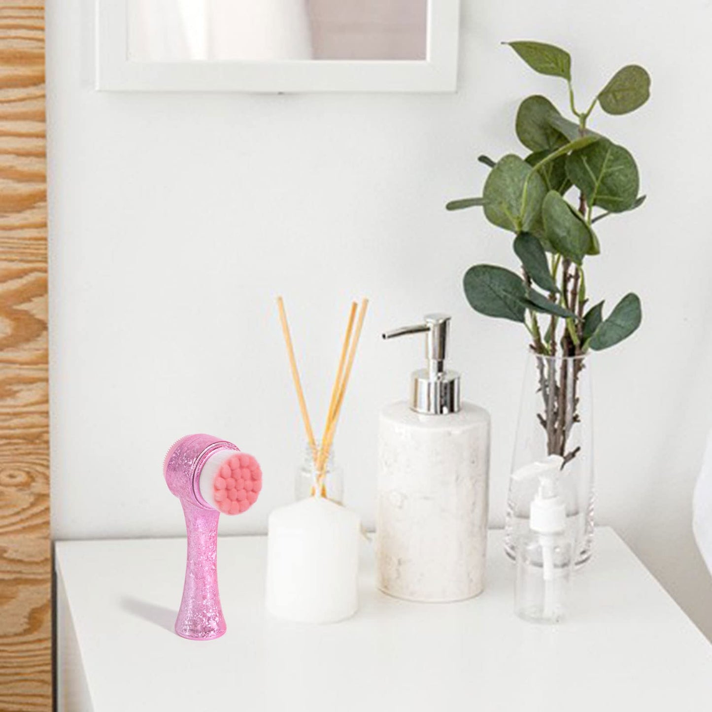 Beomeen Face Brush 2 in 1, Facial Cleansing Exfoliating Brush with Ultra Fine Soft Bristles for Pore Deep Cleansing Silicone Double Side Face Wash Scrub Brush for Skin Care, Ice Flower Pink