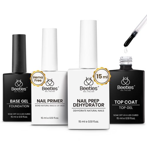 Beetles 4 Pcs 15ml Gel Top Coat and Base Coat Set with Nail Dehydrator and Primer Professional Nail Prep Acid-Free & Hema-Free Dehydrate Bond Primer Set for Acrylic & Gel Nail Polish Nail Gifts