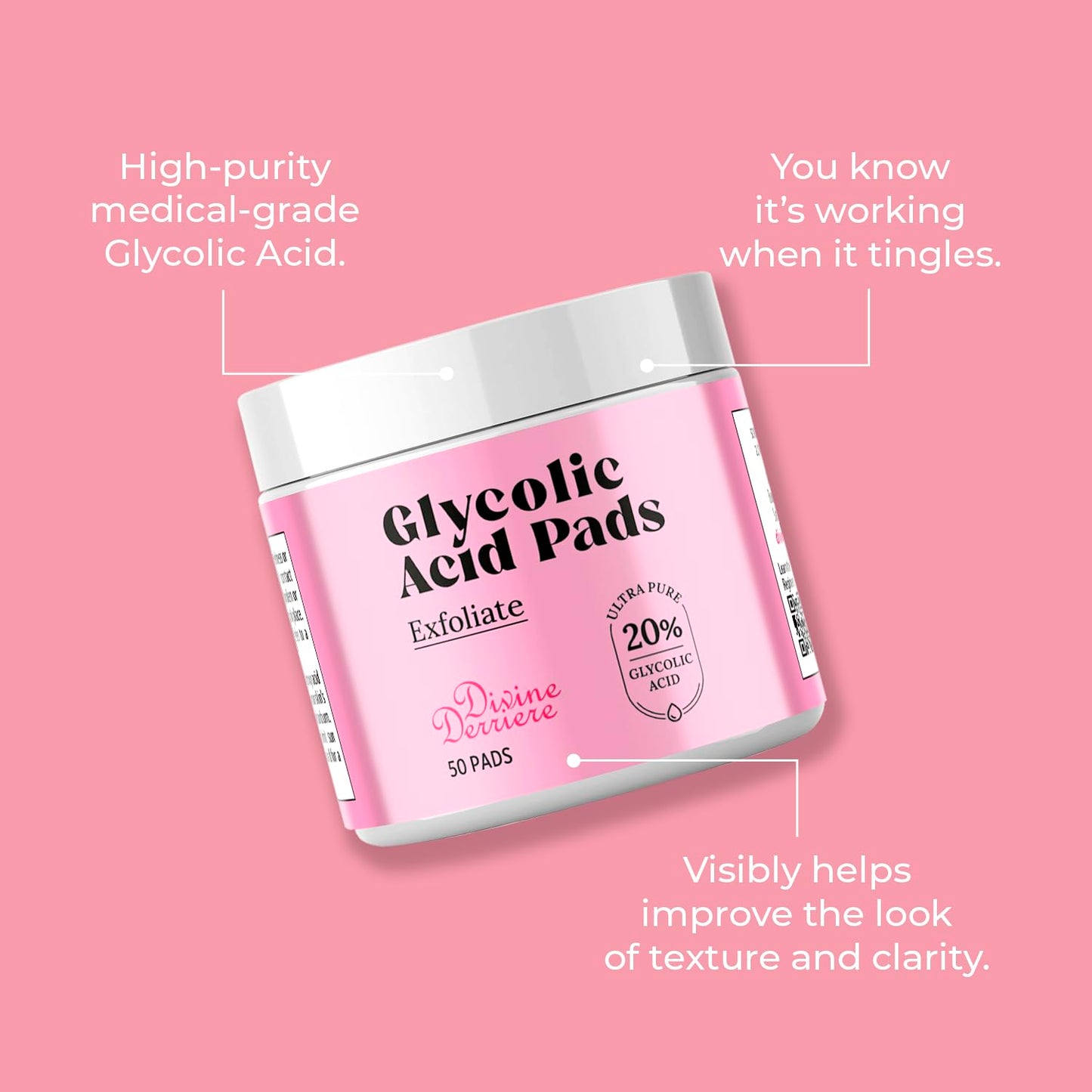 Glycolic Acid Pads with Vitamin C - Toner Pads for Face Cleansing With Tea Tree Oil - Exfoliating Pads with 20% AHA & Vitamins E, B3, B5 - Facial Peel Resurfacing Pads, Glycolic Acid Peel (50)