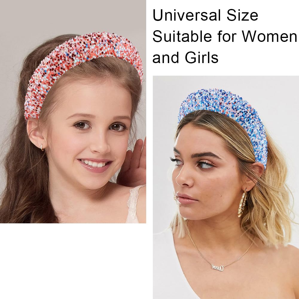 AHONEY 2 Pack Red Headband for Women Girls, Red Headband Glitter Star Sequin Padded Headbands for Women Sparkly Hoilday Hair Accessories (Red&Blue)