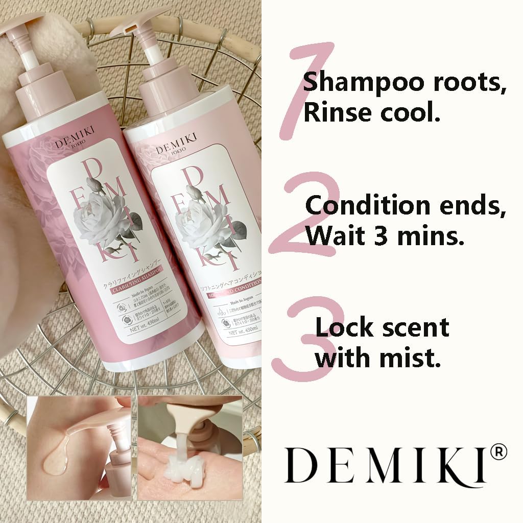 Demiki Japanese Shampoo and Conditioner Set - Sulfate-Free, Moisturizing, Anti-Dandruff | 32oz, Rose Scent