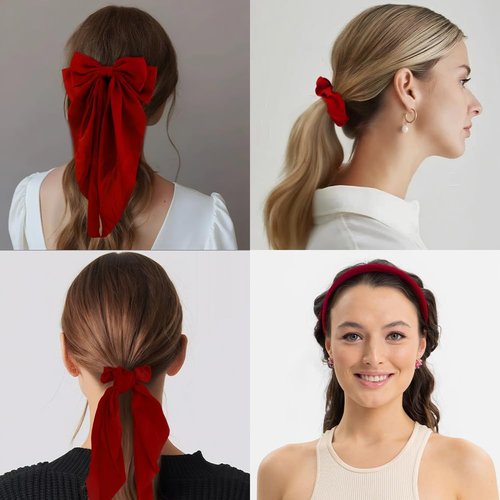 Aushamtai 6Pcs Red Satin Hair Accessories Set for Women: Bows, Hair Scrunchies and Headband with Versatile Styles, Perfect for Daily Wear, Birthday Gifts for Women(Satin Material)