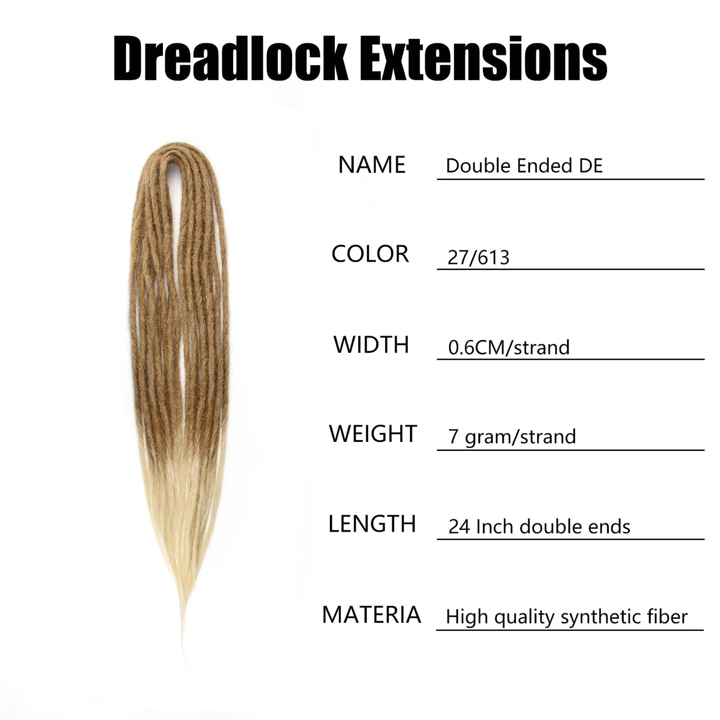 Double Ended Dreadlock Extensions 0.6CM Diameter Synthetic Hair 24Inch 10Strands Reggae Braids Hip-hop Style(Double Ended 10trands,27/613)