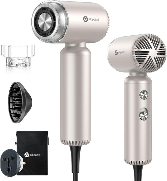 Slopehill Dual Voltage Travel Mini Hair Dryer - Lightweight Ionic Blow Dryer with Magnetic Diffuser | Compact & Quiet, 100-240V