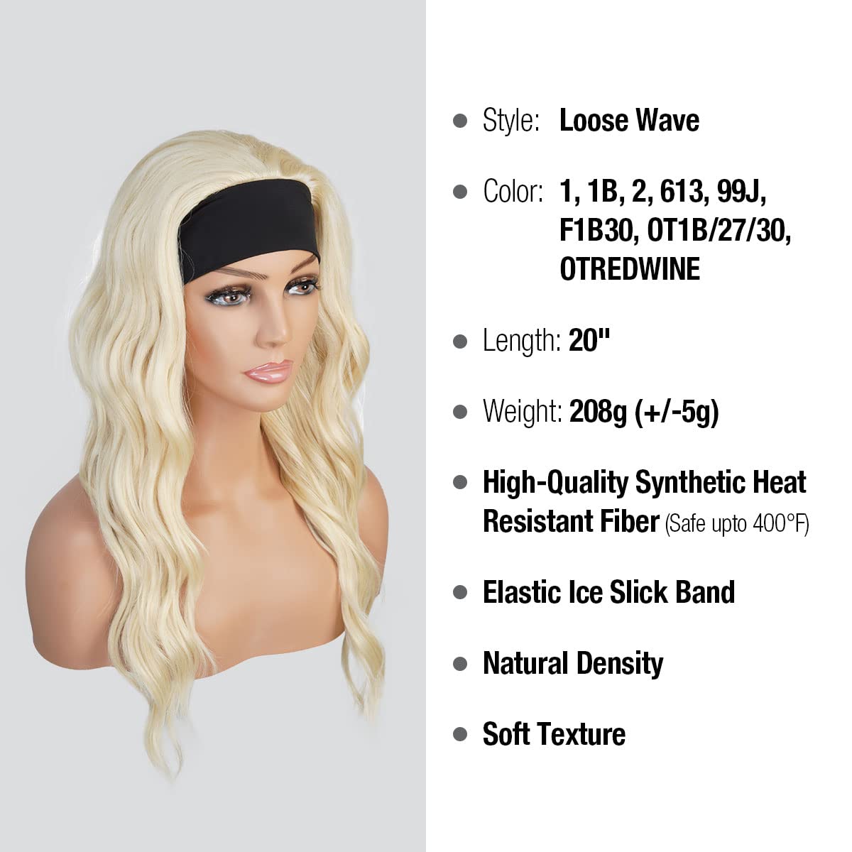 STUDIOCUT BY PROS Headband Wig 20 Inch Loose Wave Quick Wrap Headband Wig Long Wavy Curly Wigs for Black Women High Heat Resistant Synthetic Wigs HBW004 (20 Inch (Pack of 1), 613 (Blonde))