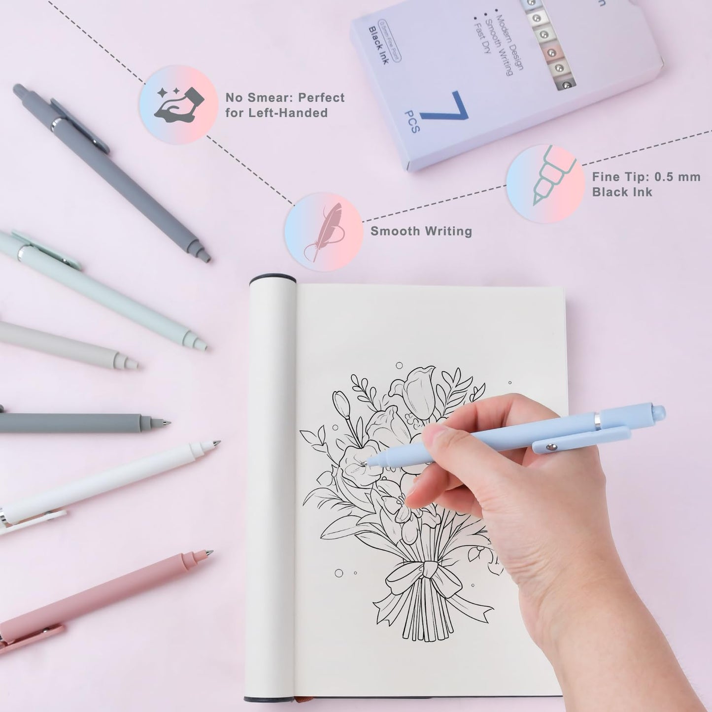 Teacher Appreciation Nurse Week Gifts: 7 Pcs Gel Pens 0.5mm Black Ink Fine Point Smooth Writing Pens Cute Office Essentials School Supplies Graduation Gifts Stocking Stuffers for Women Teen Girls