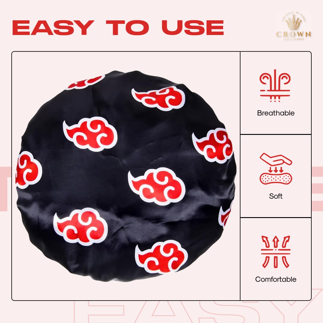 Red Black Cloud Large Bonnet - Silky Design Satin Bonnet with Elastic Soft Band African Head Wrap for Women
