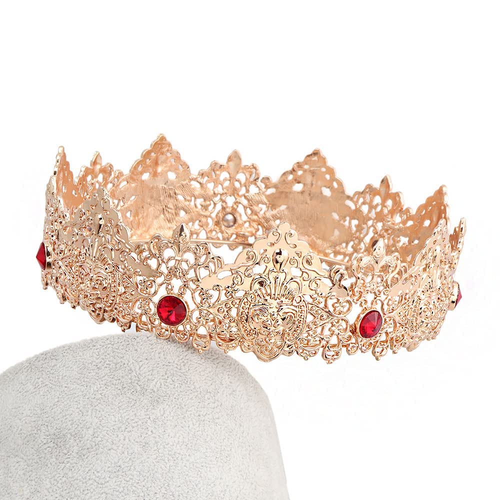 King Men Tiara Crown Imperial Medieval Headband Crystal Pageant Costumes For Birthday Party Prom Halloween Hair Accessories (Gold With Red Stone)