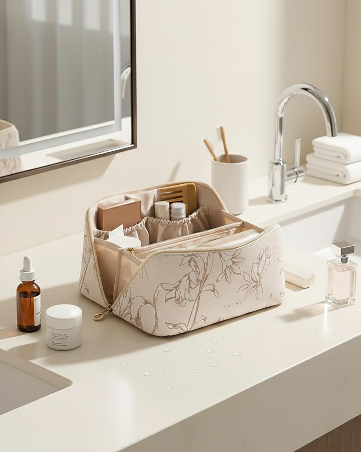 EACHY Travel Makeup Bag - Large Capacity Waterproof Cosmetic Pouch | Open Flat Design (F-Beige)