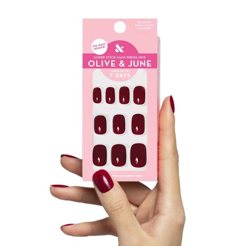 Olive & June Press-On Nails - Classic Super Stick | No Glue Needed | 32 Tabs in 16 Sizes | Non-Toxic, Easy On-Off, Realistic Look | Extra Short, Squoval | Mulberry Maroon