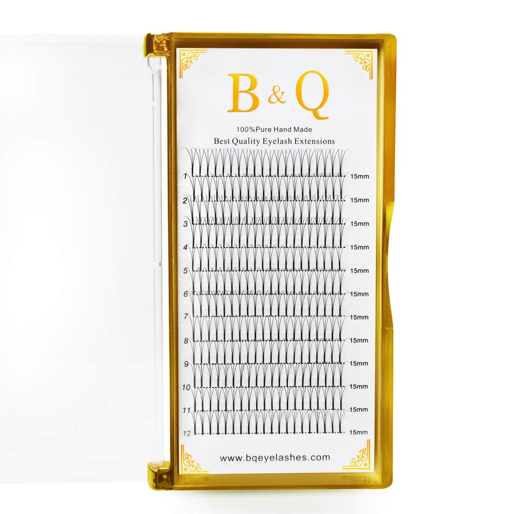 B&Qaugen 3D-C-0.10 Long Stem Premade Volume Eyelash Extensions, 15 mm, Cruelty Free, Individual