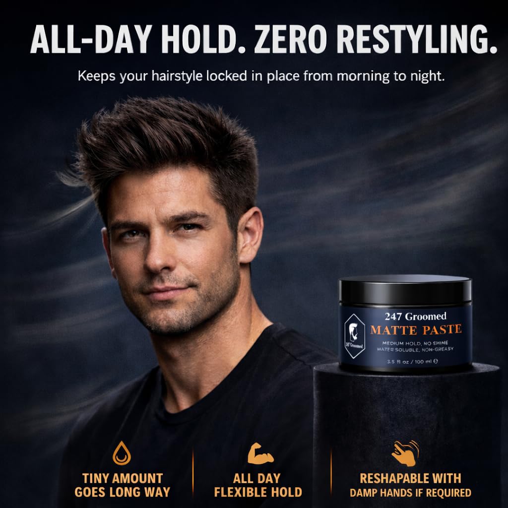 247 Groomed Matte Pomade - All-Day Medium Hold & Low Shine Finish for All Hair Types | Beeswax-Based Thickening Paste