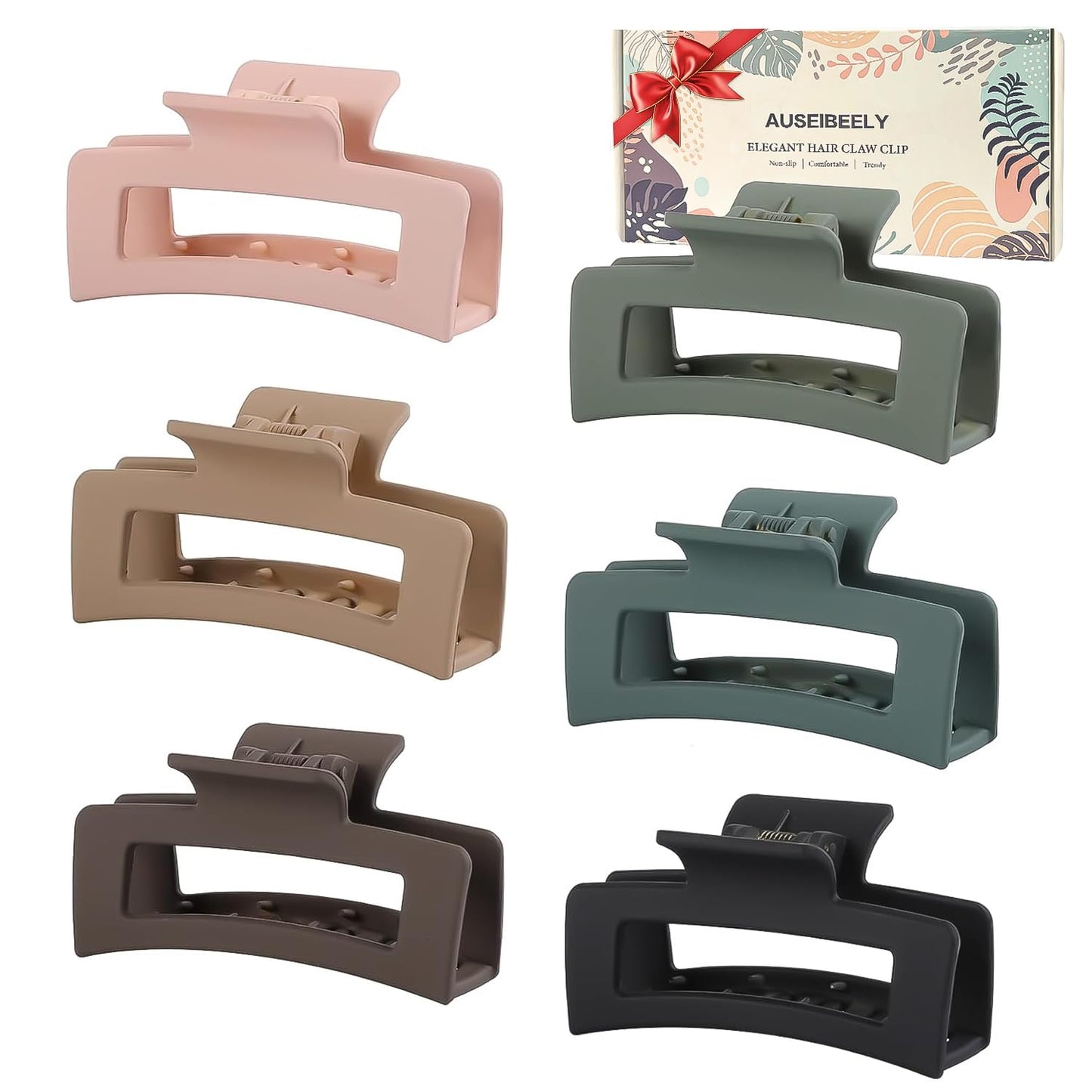 6 Pack Square Claw for Women Girls, 3.5" Medium Non-slip Rectangular Matte Clips Strong Hold Jumbo Hair Styling Accessories, Cool
