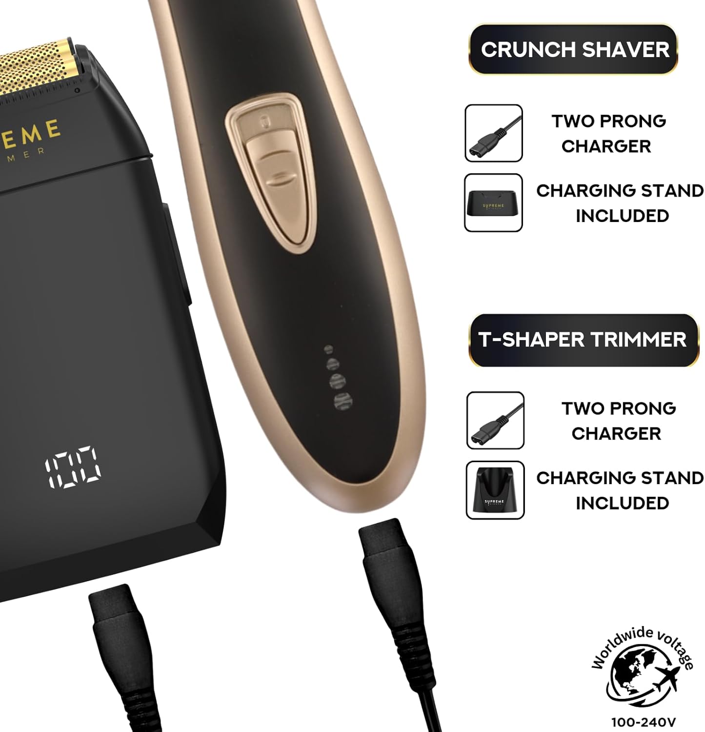 Supreme Trimmer 2-in-1 T-Shaper & Crunch Foil Shaver | Electric Razor & Beard Trimmer Kit - Gold