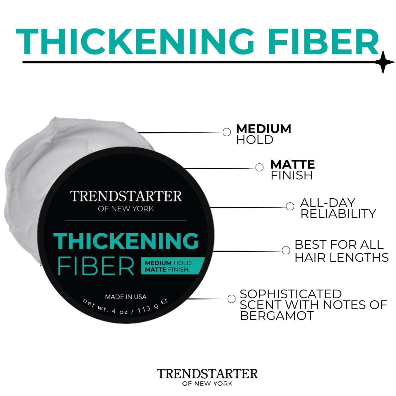TRENDSTARTER Thickening Fiber Pomade - Medium Hold, Matte Finish - 4oz Water-Based Hair Clay