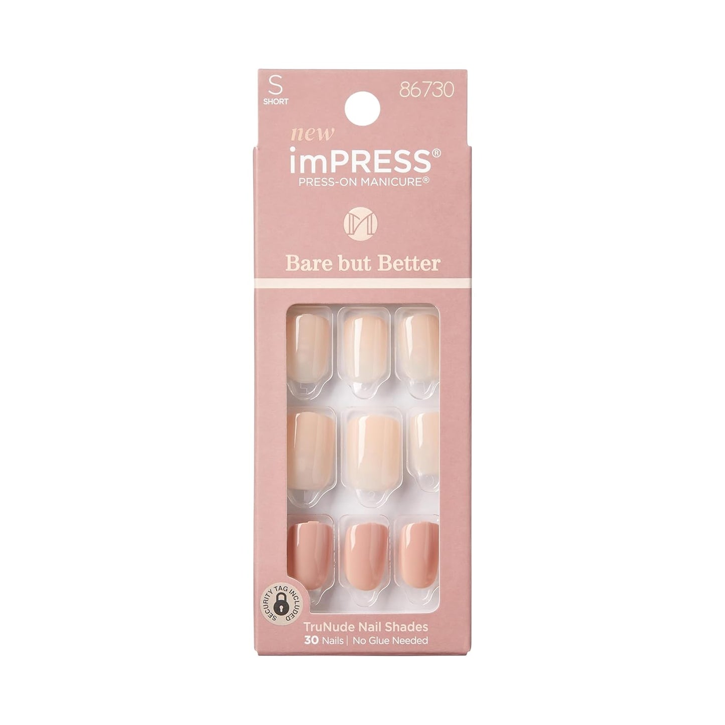 KISS imPRESS No Glue Mani Press On Nails - Simple Pleasure Nude Short Squoval Shape | 30 Nails & Accessories