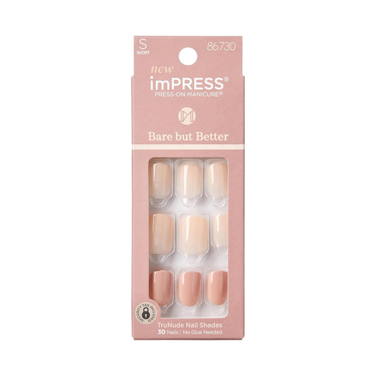 KISS imPRESS No Glue Mani Press On Nails - Simple Pleasure Nude Short Squoval Shape | 30 Nails & Accessories